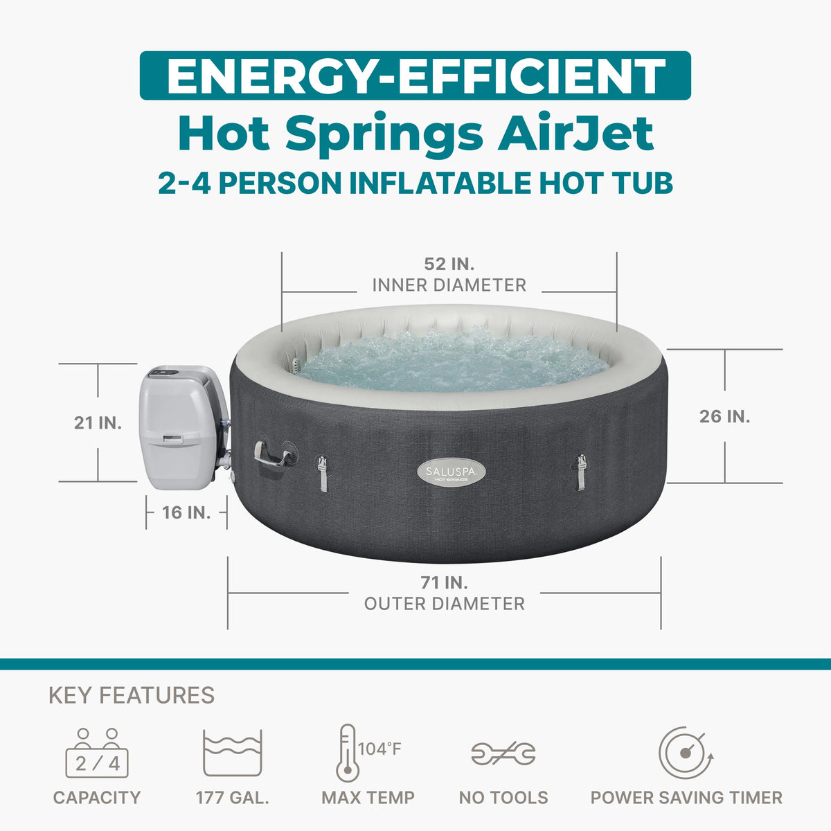 SaluSpa Hot Springs Energy-Efficient AirJet 2-4 Person Inflatable Hot | Bestway Value