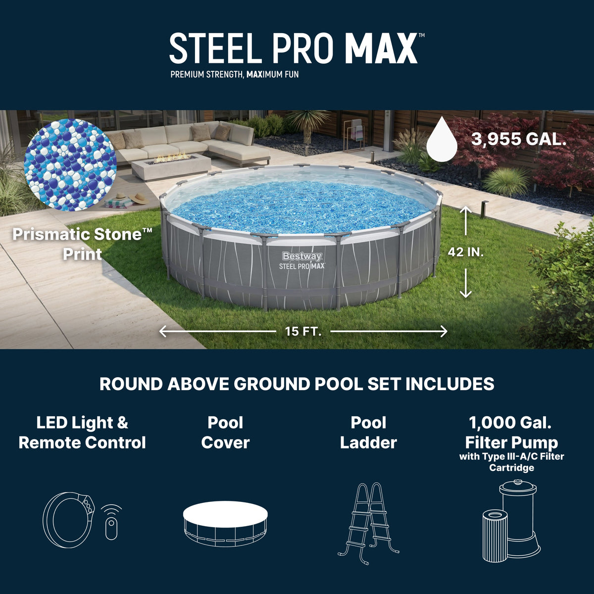 Bestway Steel Pro MAX 15' x 42" Round Above Ground Pool Set with LED L | Bestway Hot Sale